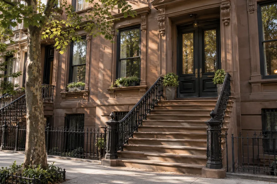 Small camera under the cornice above a brownstone stoop