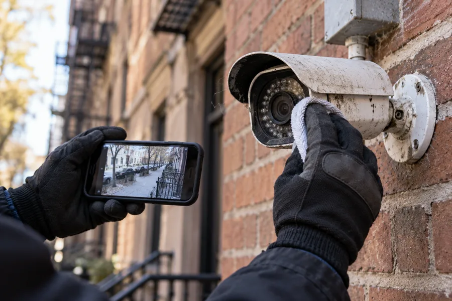 Technician cleaning and re-aiming an outdoor camera with a phone showing a blank feed