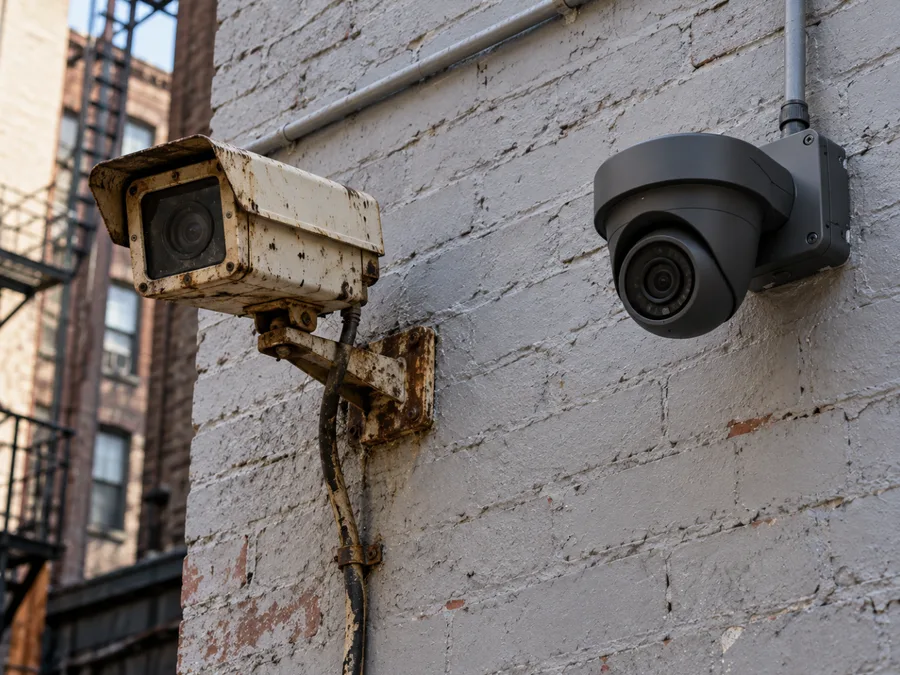 Old boxy analog camera next to a new compact dome camera on the same wall