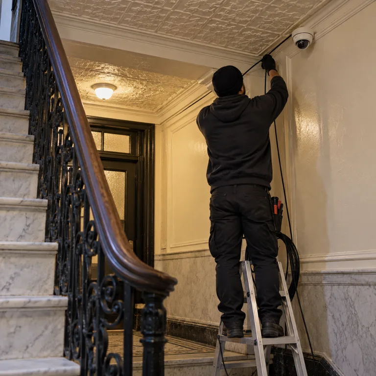 Technician feeding coax cable into an old plaster wall chase in a prewar hallway